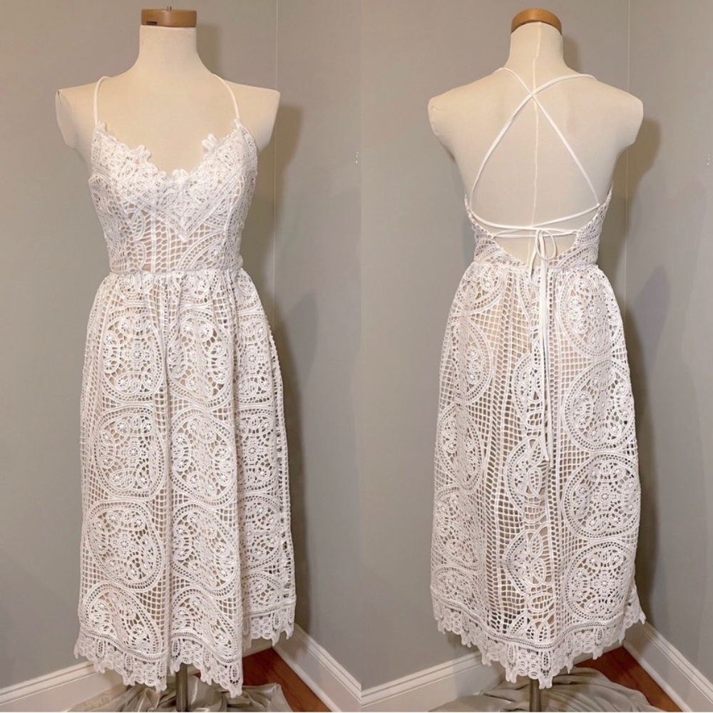NWT Aeom open back crochet backless midi dress white and tan size medium